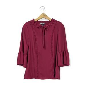Karl Lagerfeld Burgundy Ruffle Neck Bell Sleeve Blouse